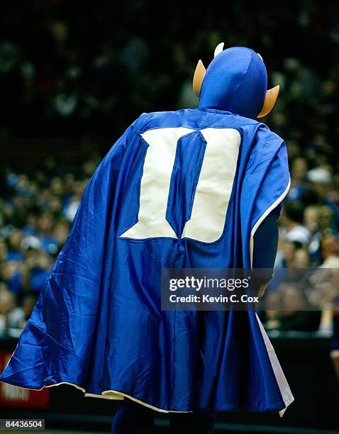 Mascot Blue Devils of Duke entertains fans on the court during a break in the game against the Georgetown Hoyas on January 17, 2009 at Cameron Indoor...