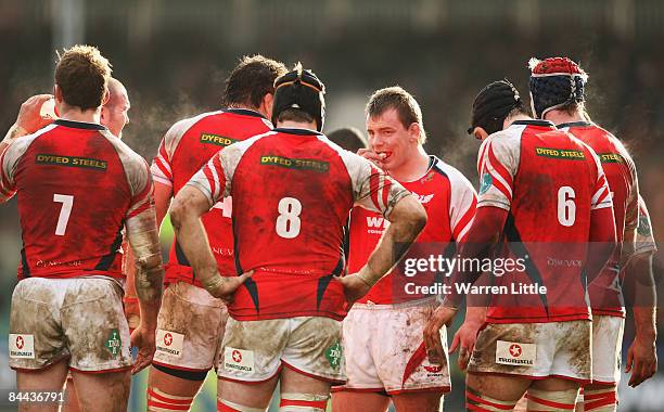 Matthew Rees of Scarlets looks on with team mates during the Heineken Cup Pool Four match between Harlequins and Scarlets at the Stoop on January 24,...