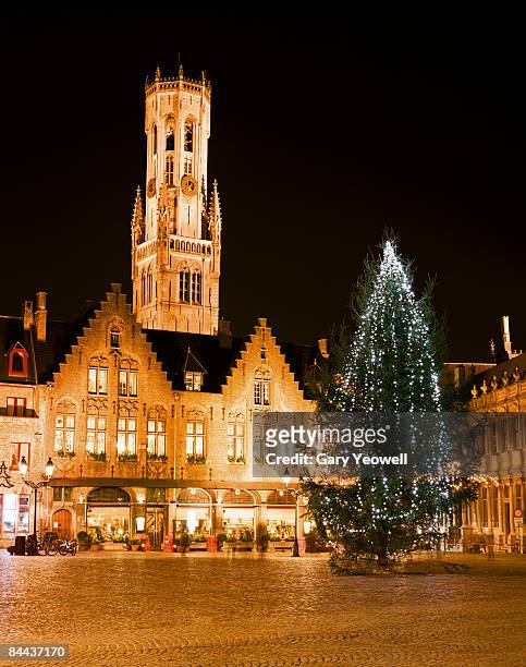 christmas tree in a square at night. - bruges night stock pictures, royalty-free photos & images