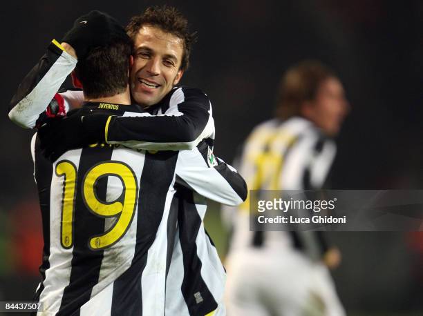 Claudio Marchisio of Juventus celebrates a goal with Alessandro Del Piero during the Serie A match between FC Juventus and ACF Fiorentina at the...