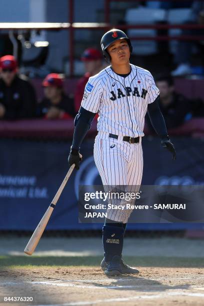 Kotaro Kiyomiya of Japan reacts to a strike out during the first inning of a game against Canada during the WBSC U-18 Baseball World Cup Super Round...