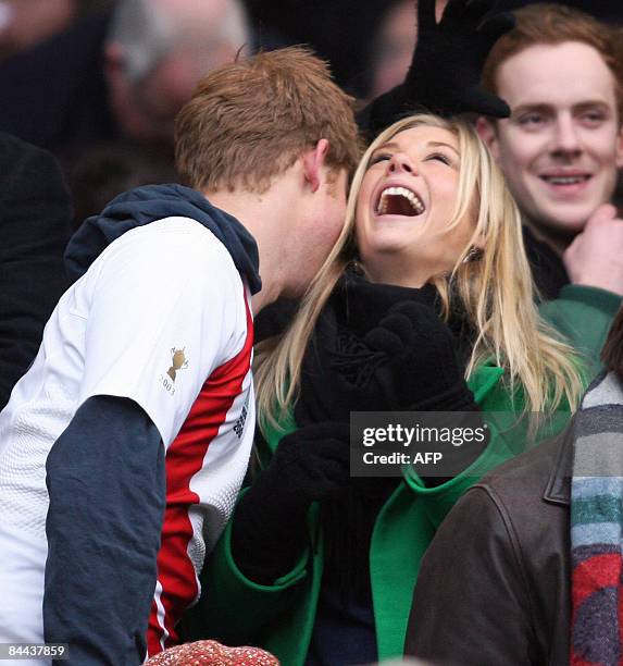 Photo shows Prince Harry and his girlfriend Chelsy Davy laughing before the Investec Challenge international rugby match South Africa vs. England in...