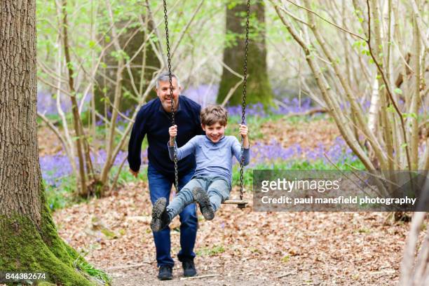 father and son playing with a rope swing - paul wood stock pictures, royalty-free photos & images