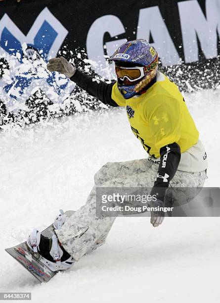 Lindsey Jacobellis of Stratton, Vermont rides into the finishing corral after winning the Women's Snowboarder X at Winter X Games 13 on Buttermilk...