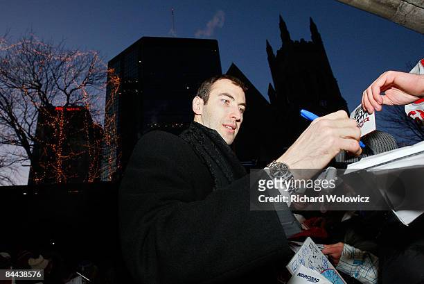 Eastern Conference All-Star Zdeno Chara of the Boston Bruins arrives for the Honda NHL Superskills competition as part of the 2009 NHL All-Star...