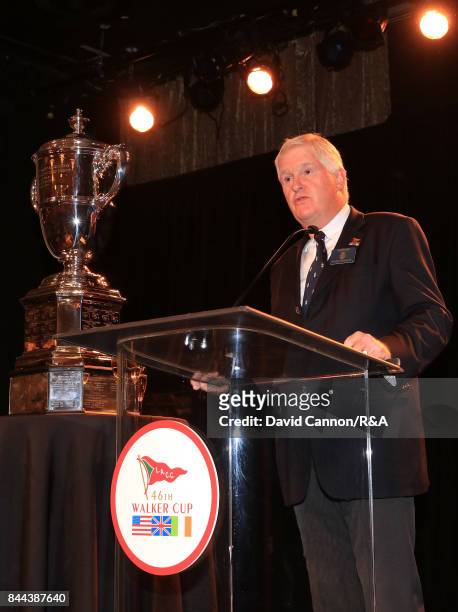 Keith Macintosh the Captain of the Royal and Ancient Golf Club of St Andrews speaks during the official dinner for the 2017 Walker Cup at the LA...