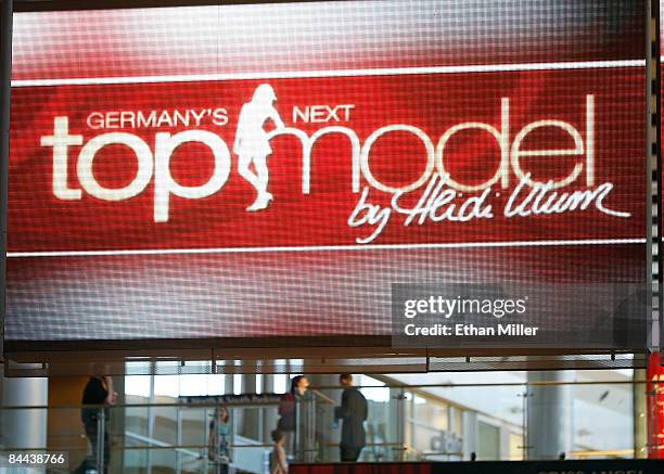 Screen displays a logo during a taping of the television show "Germany's Next Topmodel" at the Fashion Show mall January 24, 2009 in Las Vegas,...