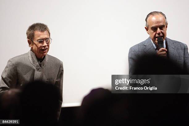 Artist Jean-Paul Goude and the President of the French Academy in Rome Frederic Mitterrand present the movie "Mon Coeur Qui Bat" during the "So Far...