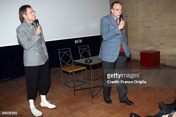 Artist Jean-Paul Goude and the President of the French Academy in Rome Frederic Mitterrand present the movie "Mon Coeur Qui Bat" during the "So Far...