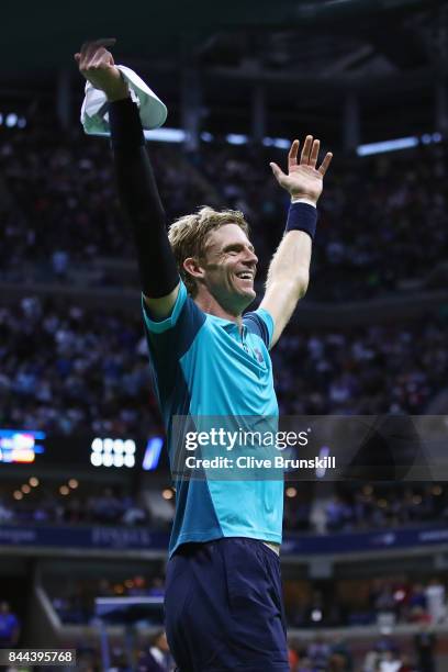 Kevin Anderson of South Africa celebrates after defeating Pablo Carreno Busta of Spain in their Men's Singles Semifinal match on Day Twelve of the...