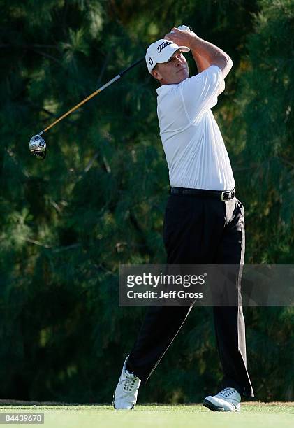 Steve Stricker hits a tee shot on the 16th hole during the fourth round of the Bob Hope Chrysler Classic at the Nicklaus Course at PGA West on...