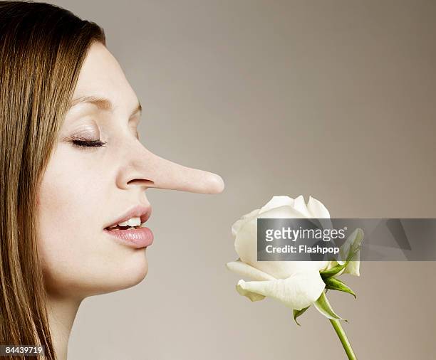 woman with big nose smelling flower - human body part stockfoto's en -beelden