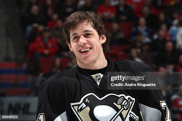 Eastern Conference All-Star Evgeni Malkin of the Pittsburgh Penguins smiles during the McDonald�s Accuracy Shooting part of the Honda NHL Superskills...