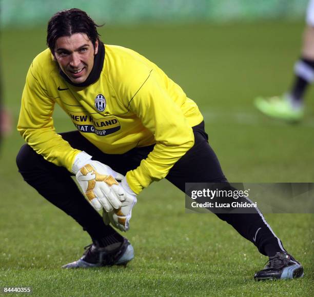 Gianluigi Buffon of Juventus warms up before the start of the Serie A football match between FC Juventus and ACF Fiorentina at the Olympic stadium on...