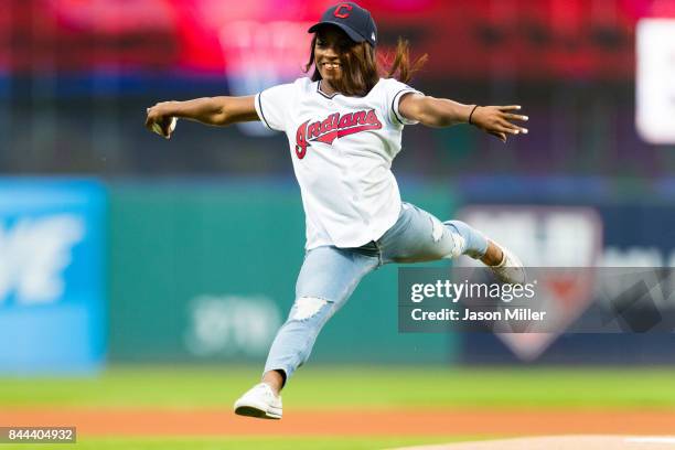 Olympic Gymnast Simone Biles throws out the first pitch prior to the game between the Cleveland Indians and the Baltimore Orioles at Progressive...