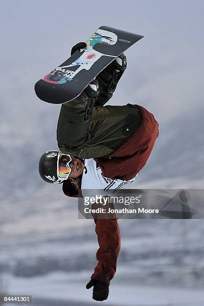Kevin Pearce of Norwich, Vermont practices before the Men's Snowboard Superpipe elimination during Winter X Games Day 3 on Buttermilk Mountain on...
