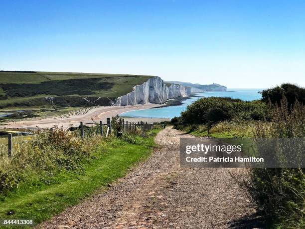 track down to cuckmere haven - seven sisters acantilado fotografías e imágenes de stock