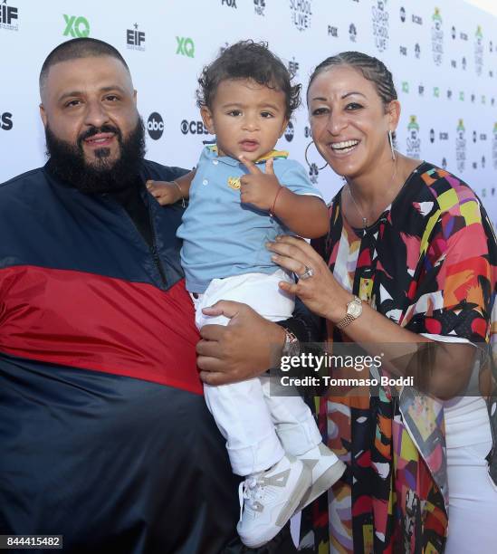 Khaled , Nicole Tuck and Asahd Tuck Khaled attend XQ Super School Live, presented by EIF, at Barker Hangar on September 8, 2017 in Santa California.