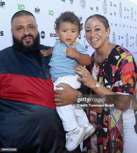 Khaled , Nicole Tuck and Asahd Tuck Khaled attend XQ Super School Live, presented by EIF, at Barker Hangar on September 8, 2017 in Santa California.