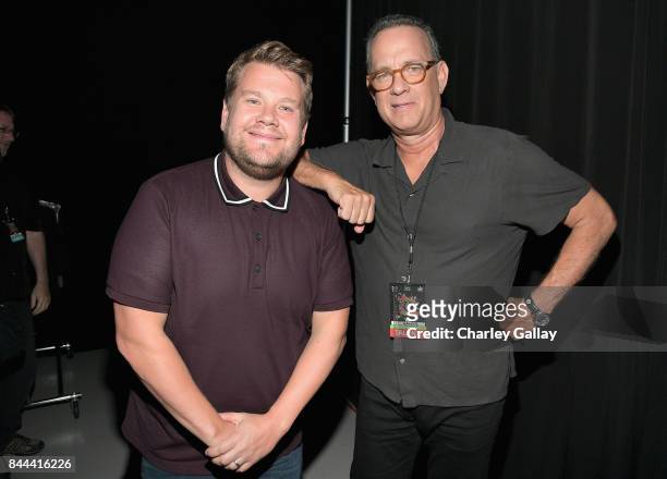James Corden and Tom Hanks attend XQ Super School Live, presented by EIF, at Barker Hangar on September 8, 2017 in Santa California.