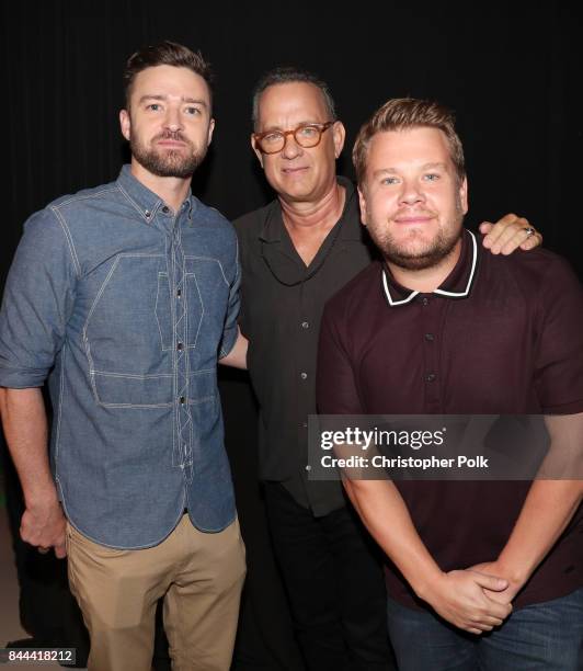 Justin Timberlake, Tom Hanks, and James Corden attend XQ Super School Live, presented by EIF, at Barker Hangar on September 8, 2017 in Santa...