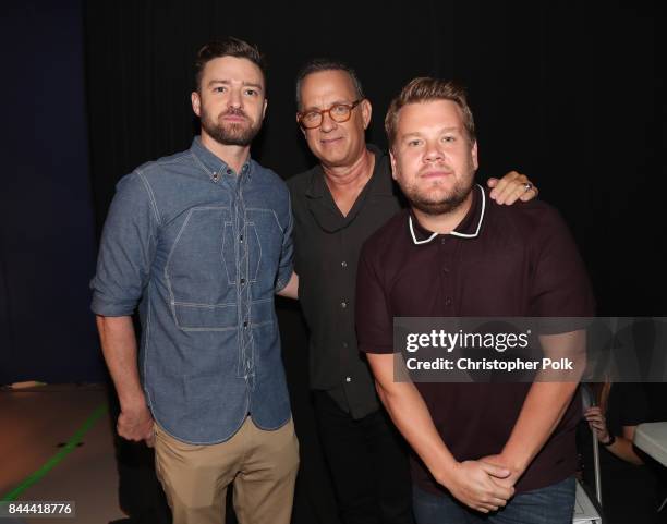 Justin Timberlake, Tom Hanks, and James Corden attend XQ Super School Live, presented by EIF, at Barker Hangar on September 8, 2017 in Santa...