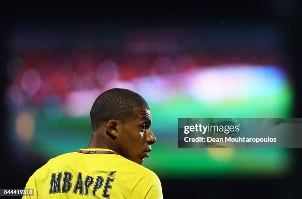 Kylian Mbappe of Paris Saint-Germain Football Club or PSG in action during the Ligue 1 match between Metz and Paris Saint Germain or PSG held at...