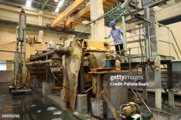 Inside Indias highly secure and rarely visited uranium processing facility at Turamidih Uranium Mill in the Jadugoda complex. The yellow substance...