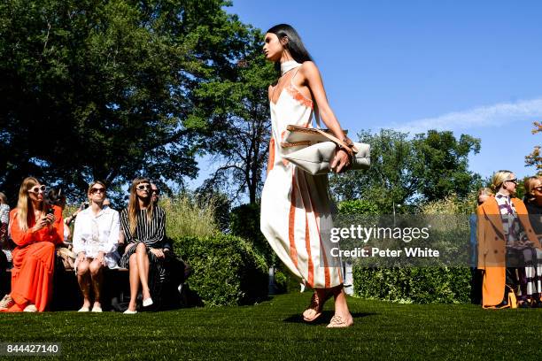 Model walks the runway during the Tory Burch Spring Summer 2018 Fashion Show at Cooper Hewitt, Smithsonian Design Museum on September 8, 2017 in New...