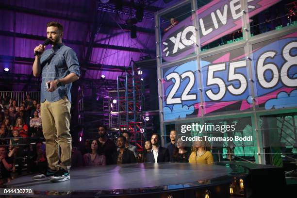 Justin Timberlake speaks on stage during XQ Super School Live, presented by EIF, at Barker Hangar on September 8, 2017 in Santa California.