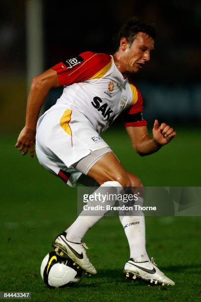 Fabian Barbiero of United attacks the Mariners defence during the round 21 A-League match between the Central Coast Mariners and Adelaide United held...