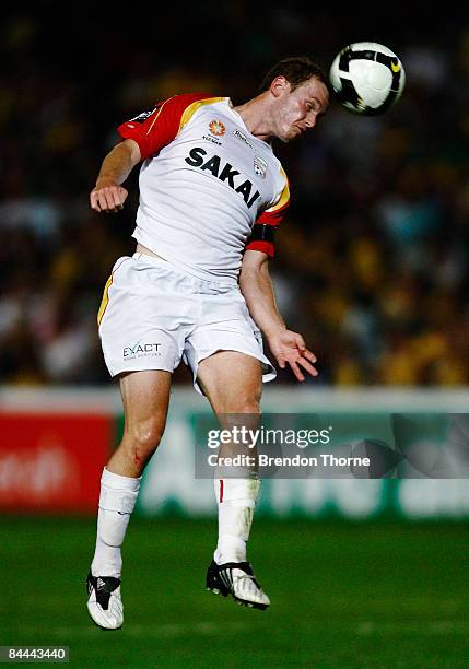 Kristian Sarkies of United heads the ball during the round 21 A-League match between the Central Coast Mariners and Adelaide United held at...