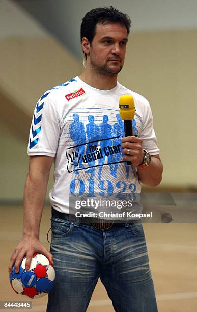 Handball expert Markus Baur is seen during a filming of RTL television channel during the Men's World Handball Championships main round match group...