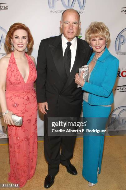 Kat Kramer, attorney general Jerry Brown and Karen Kramer arrive at the 20th Annual Producers Guild Awards held at the Palladium on January 24, 2009...