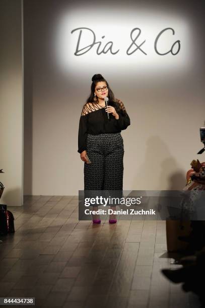Co-founder at Dia&Co, Nadia Boujarwah speaks on the runway during the Dia&Co fashion show and industry panel at the CURVYcon at Metropolitan Pavilion...