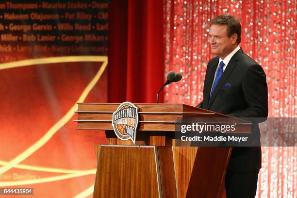 Naismith Memorial Basketball Hall of Fame Class of 2017 enshrinee Bill Self speaks during the 2017 Basketball Hall of Fame Enshrinement Ceremony at...