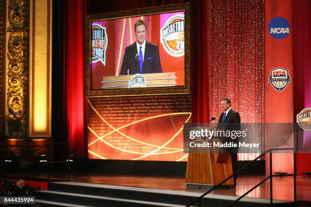 Naismith Memorial Basketball Hall of Fame Class of 2017 enshrinee Bill Self speaks during the 2017 Basketball Hall of Fame Enshrinement Ceremony at...