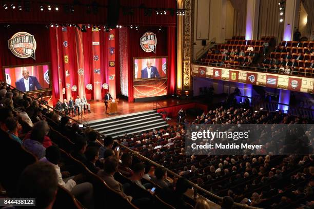 General view as Naismith Memorial Basketball Hall of Fame Class of 2017 enshrinee George McGinnis speaks during the 2017 Basketball Hall of Fame...