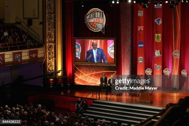 General view as Naismith Memorial Basketball Hall of Fame Class of 2017 enshrinee George McGinnis speaks during the 2017 Basketball Hall of Fame...