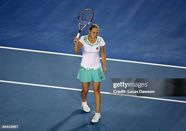 Jelena Dokic of Australia celebrates after winning her fourth round match against Alisa Kleybanova of Russia during day seven of the 2009 Australian...