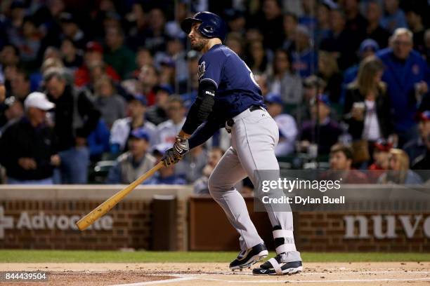 Ryan Braun of the Milwaukee Brewers hits his 300th career home run in the first inning against the Chicago Cubs at Wrigley Field on September 8, 2017...