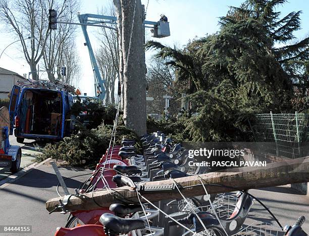 Technicians from French electricity giant Electricite de France repair damaged power lines, on January 25, 2009 in Toulouse, southern France, a day...