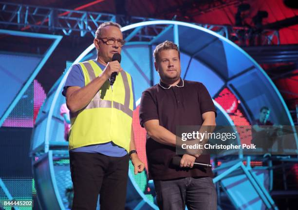 Tom Hanks and James Corden speak onstage during the XQ Super School Live, presented by EIF, at Barker Hangar on September 8, 2017 in Santa California.