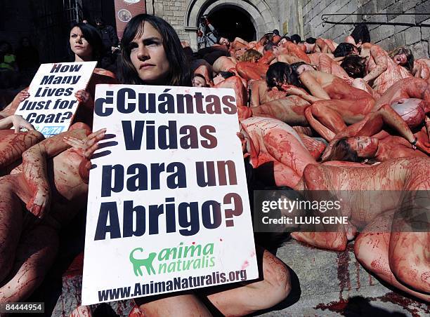 Nude activists from the animal rights group Anima Naturalis stage a demonstration on January 25, 2009 in Barcelona under the slogan skinless . Poster...