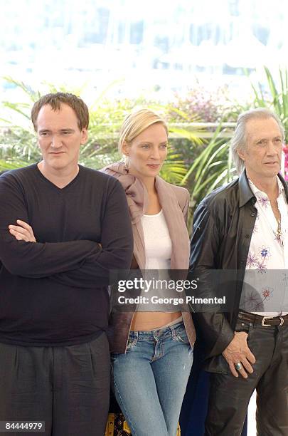 Quentin Tarantino, Uma Thurman and David Carradine
