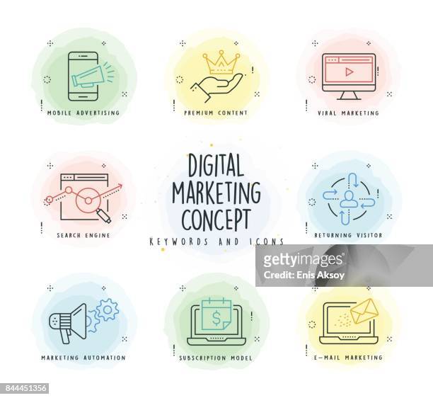 digitales marketing-linie-icon-set mit aquarell-patch - kundenbeziehungsmanagement stock-grafiken, -clipart, -cartoons und -symbole