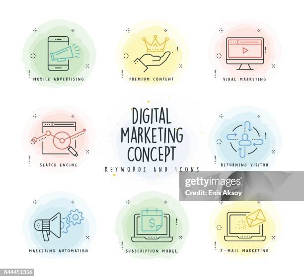 bildbanksillustrationer, clip art samt tecknat material och ikoner med digital marknadsföring line icon set med akvarell patch - customer relationship management