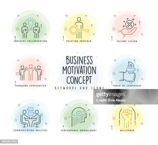 motivation line icon set with watercolor patch - encouragement icon stock illustrations