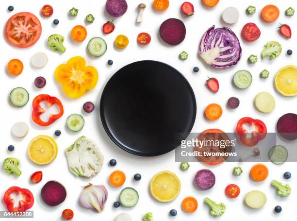 flat lay conceptual vegan food on white background. - 切る ストックフォトと画像