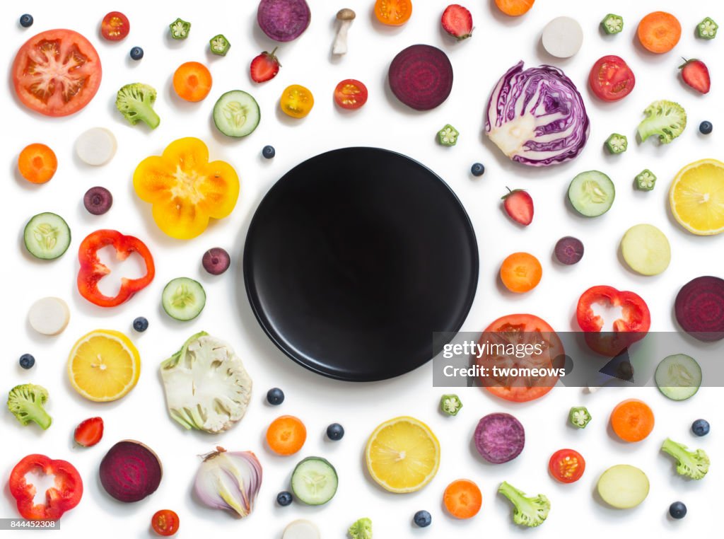 Flat lay conceptual vegan food on white background.